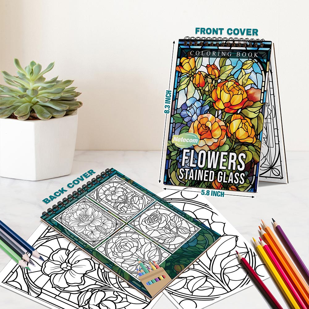 Netecom Flowers Stained Glass Spiral Bound Coloring Book For Adults