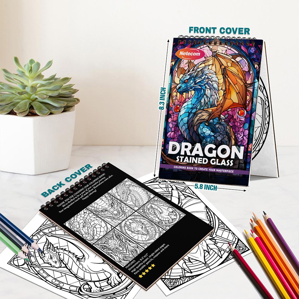 Netecom Dragon Stained Glass Spiral Bound Coloring Book For Adults