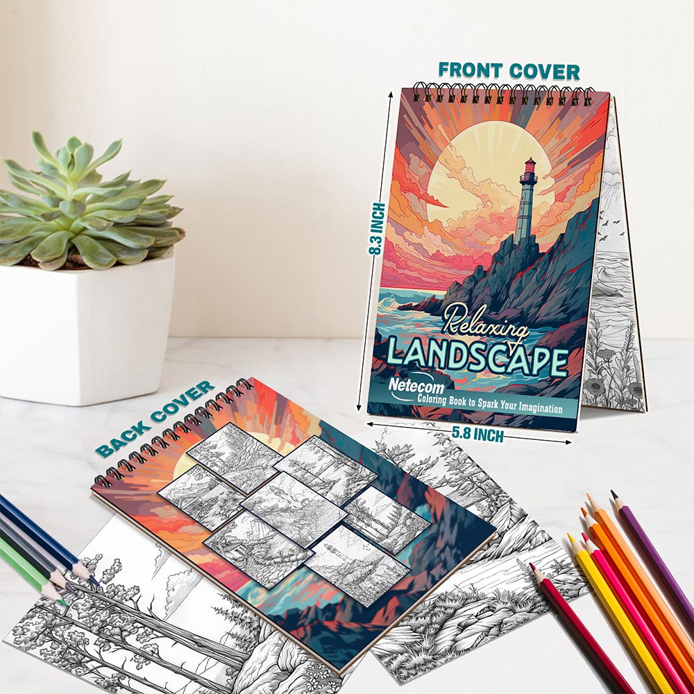 Netecom Relaxing Landscape Spiral Bound Coloring Book For Adults