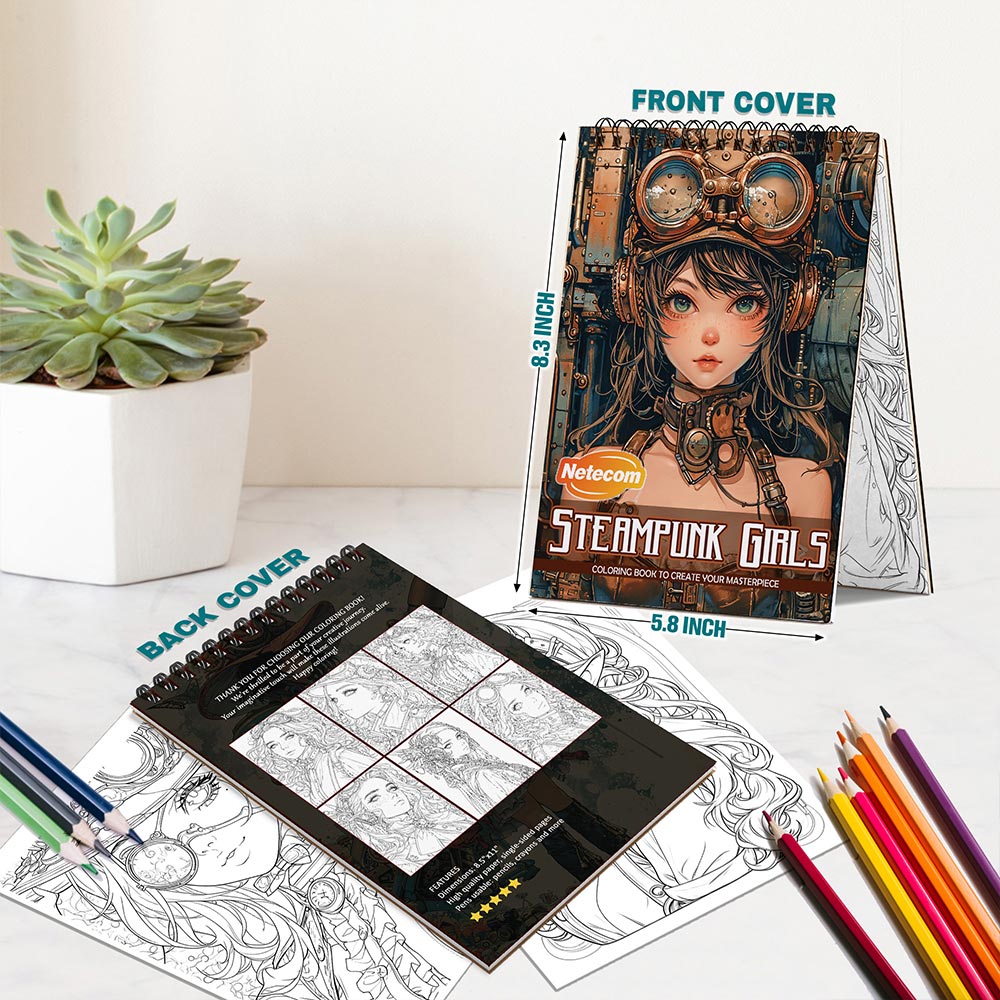 Netecom Steampunk Girls Spiral Bound Coloring Book For Adults