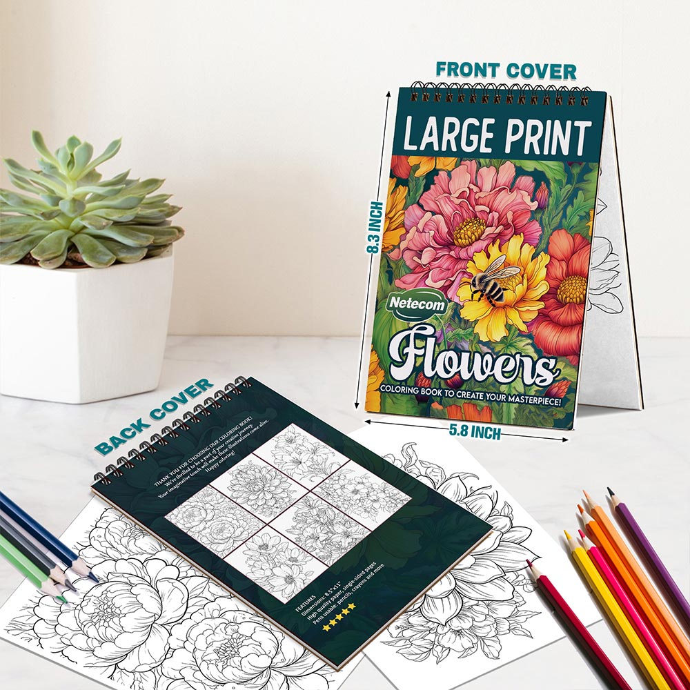 Netecom large-print-flowers Spiral Bound Coloring Book For Adults