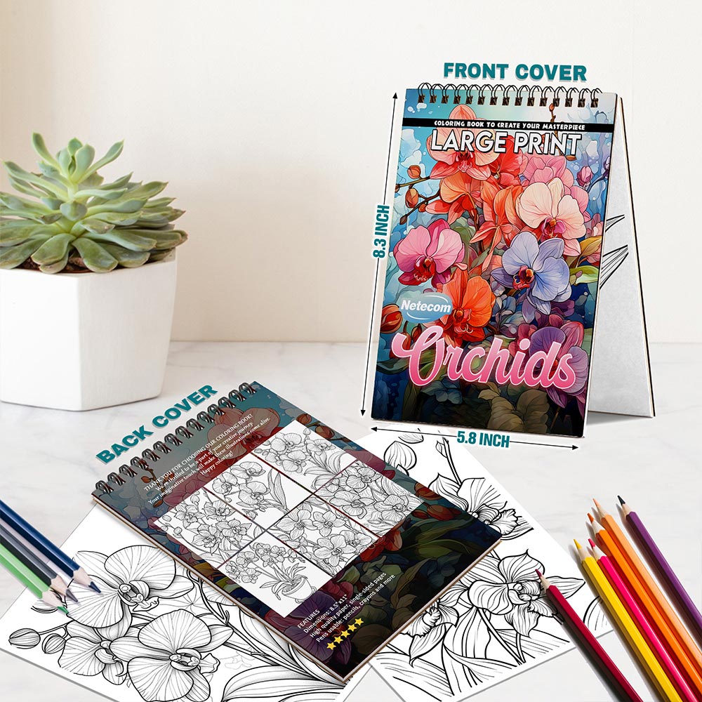 Netecom Large Print Orchids Spiral Bound Coloring Book For Adults