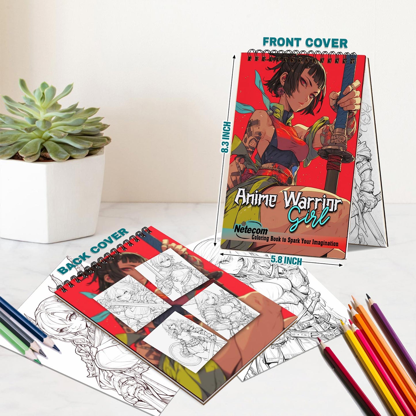Netecom Anime Warrior Girl Spiral Bound Coloring Book For Adults