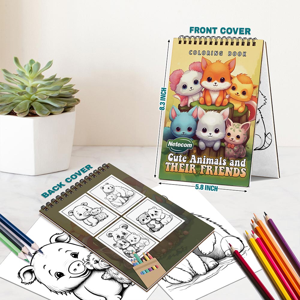 Netecom Cute Animals and Their Friends Spiral Bound Coloring Book For Adults