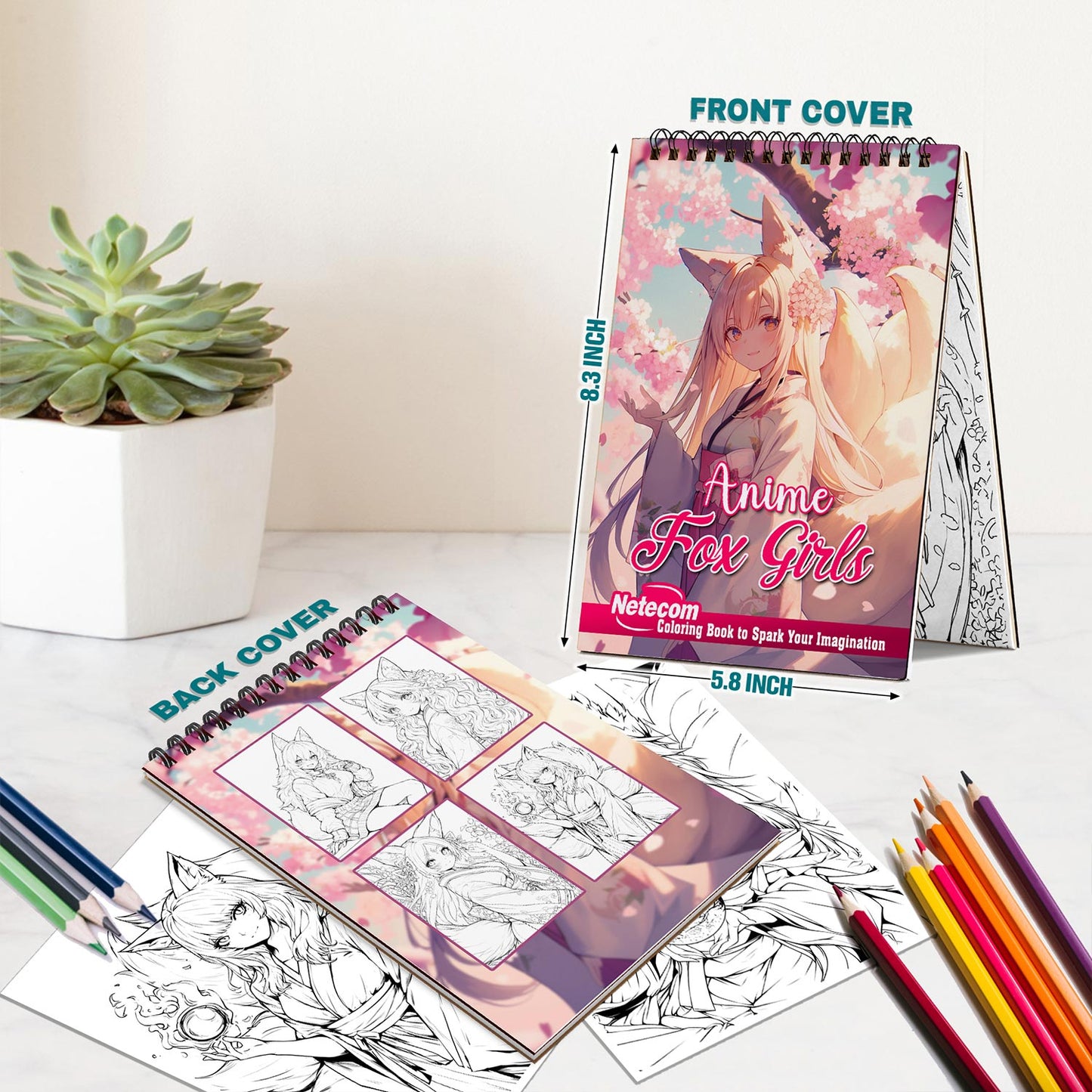 Netecom Anime Fox Girl Spiral Bound Coloring Book For Adults