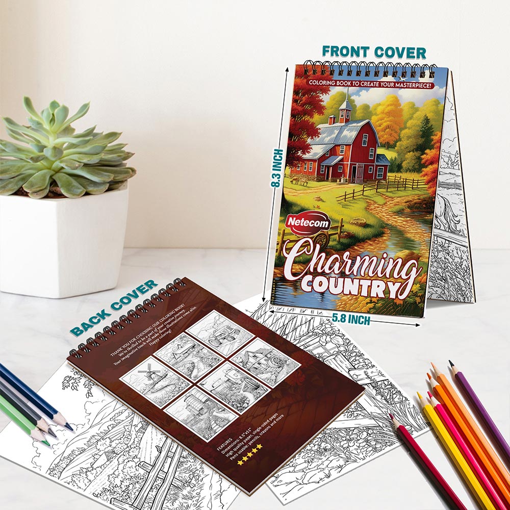 Netecom Charming Country Spiral Bound Coloring Book For Adults