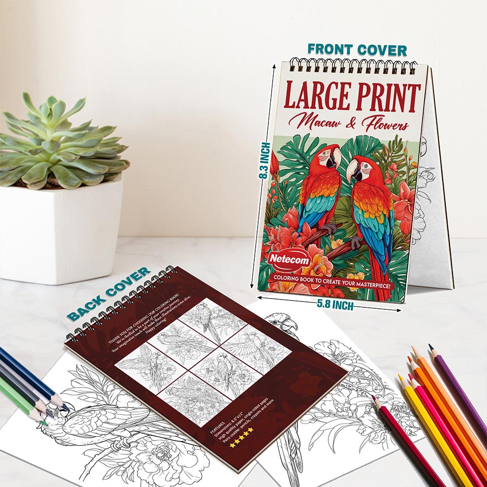 Netecom Large Print Macaw and Flowers Spiral Bound Coloring Book For Adults