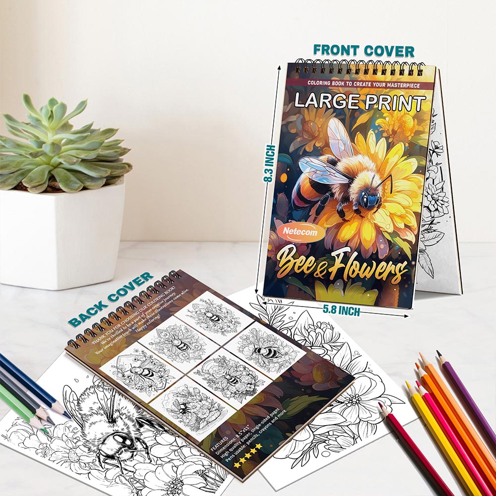 Netecom Large Print Bee and Flowers Spiral Bound Coloring Book For Adults