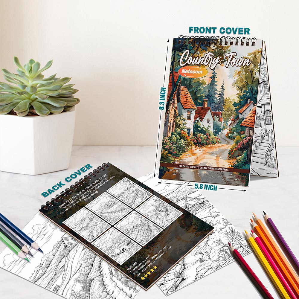 Country Town Spiral Bound Coloring Book For Adults