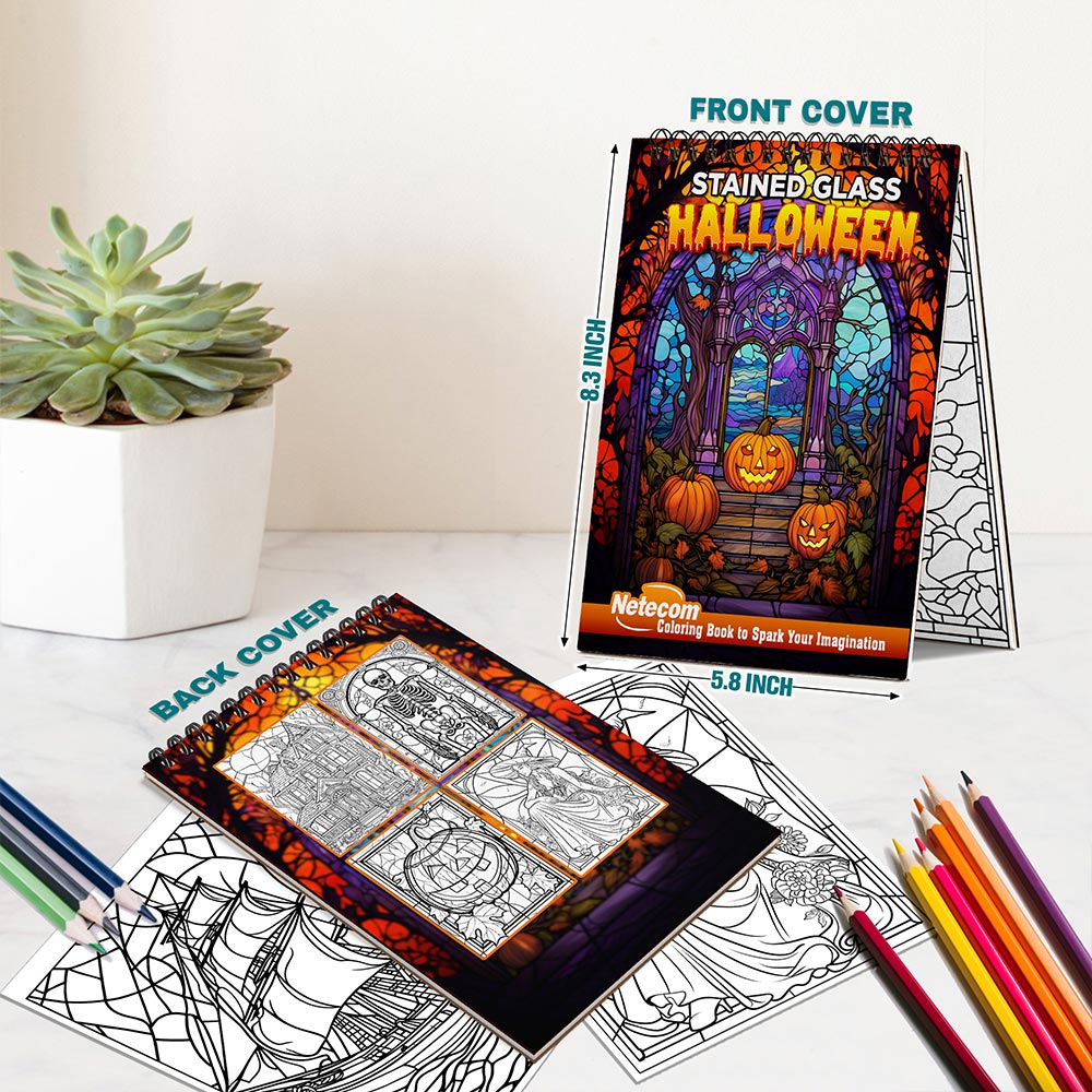 Netecom Stained Glass Halloween Spiral Bound Coloring Book For Adults
