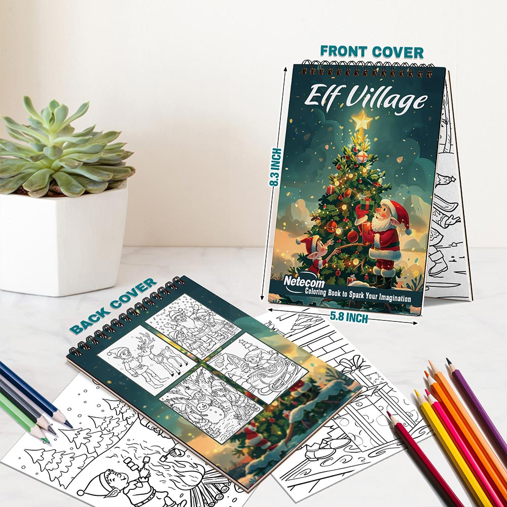 Netecom Elf Village Spiral Bound Coloring Book For Adults