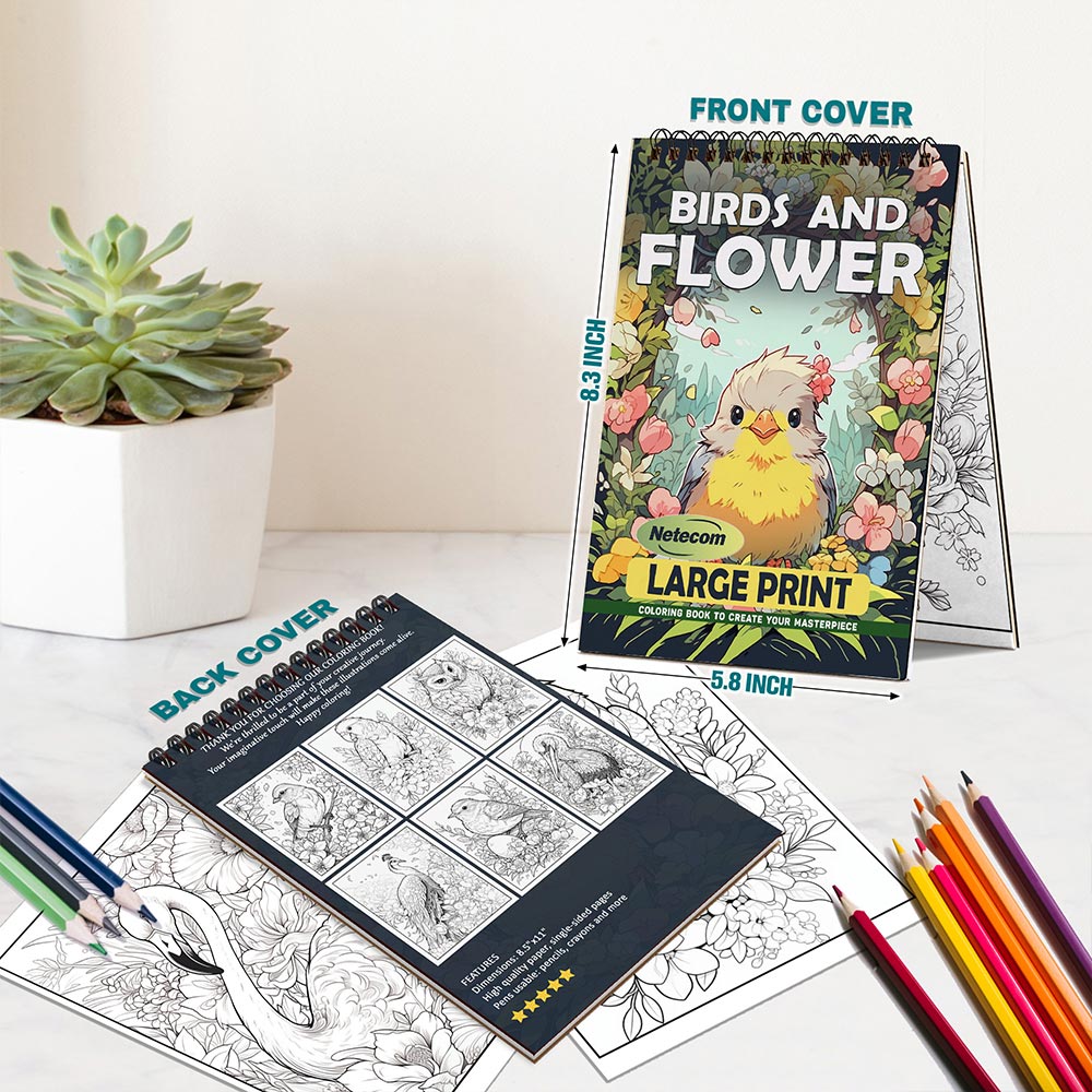 Netecom Large Print Birds And Flower Spiral Bound Coloring Book For Adults