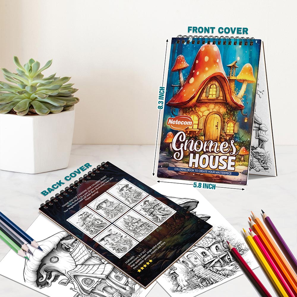 Netecom Gnomes House Spiral Bound Coloring Book For Adults