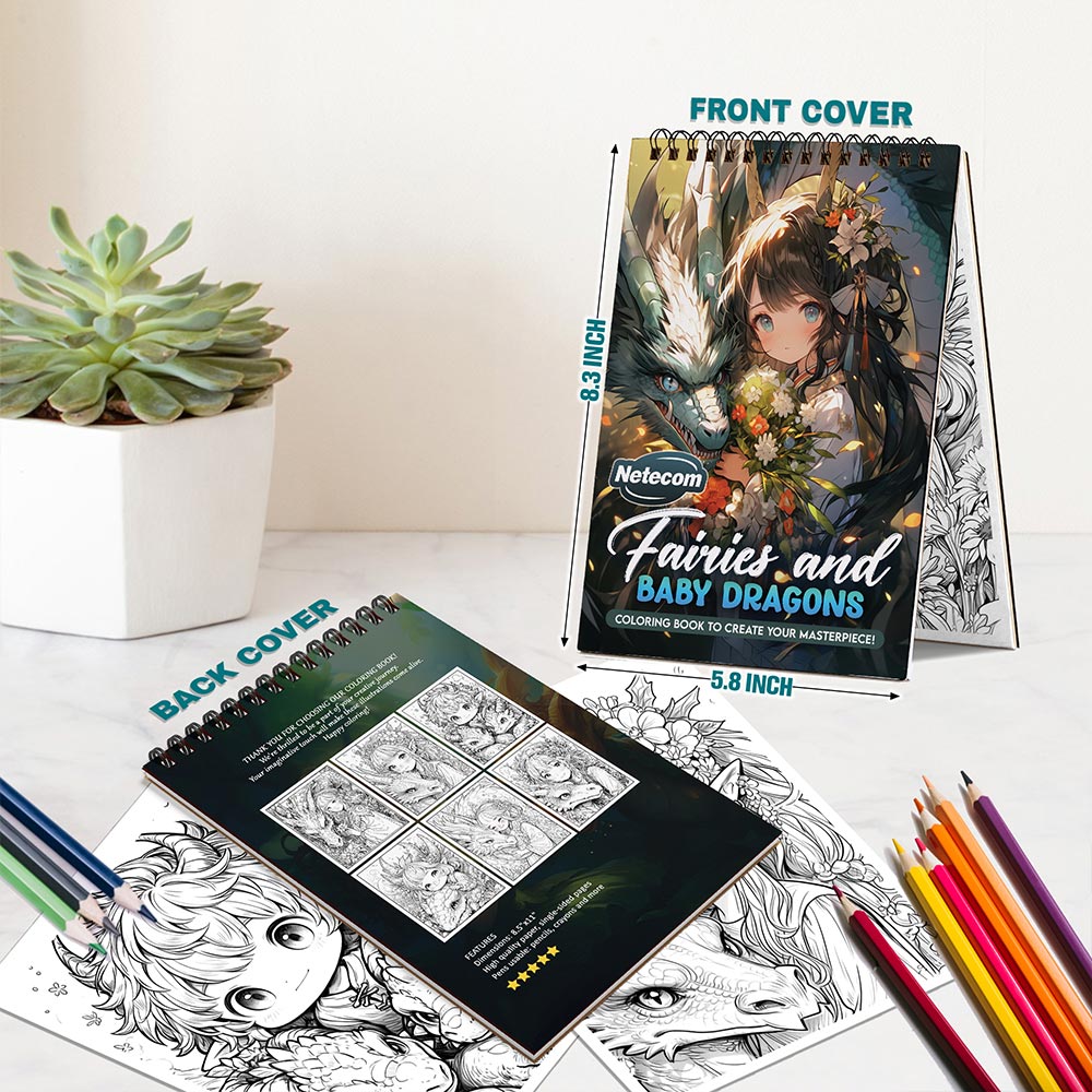 Netecom Fairies and Baby Dragons Spiral Bound Coloring Book For Adults