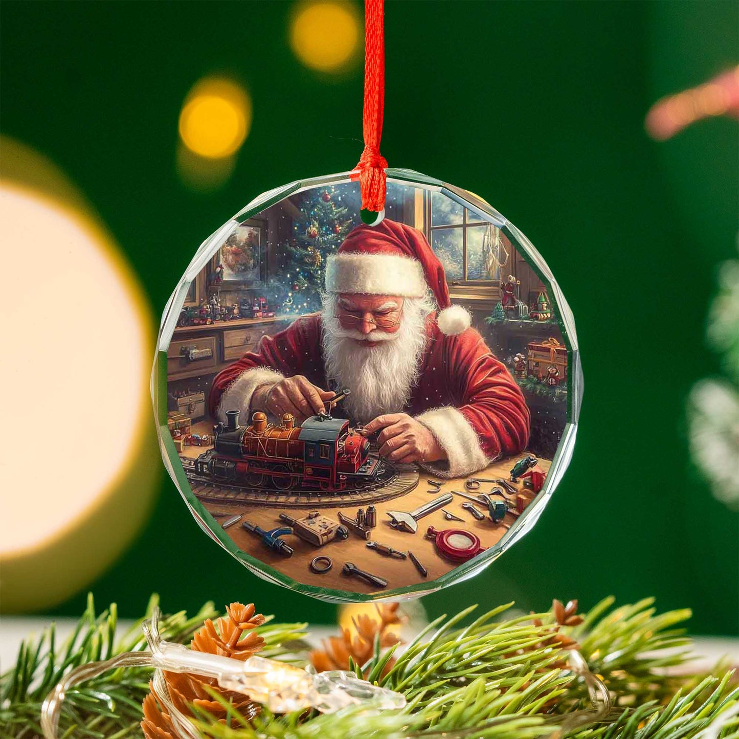 Netecom Santa Claus at Work Glass Ornament – Christmas Tree Decor, Holiday Keepsake Gift, 3 in