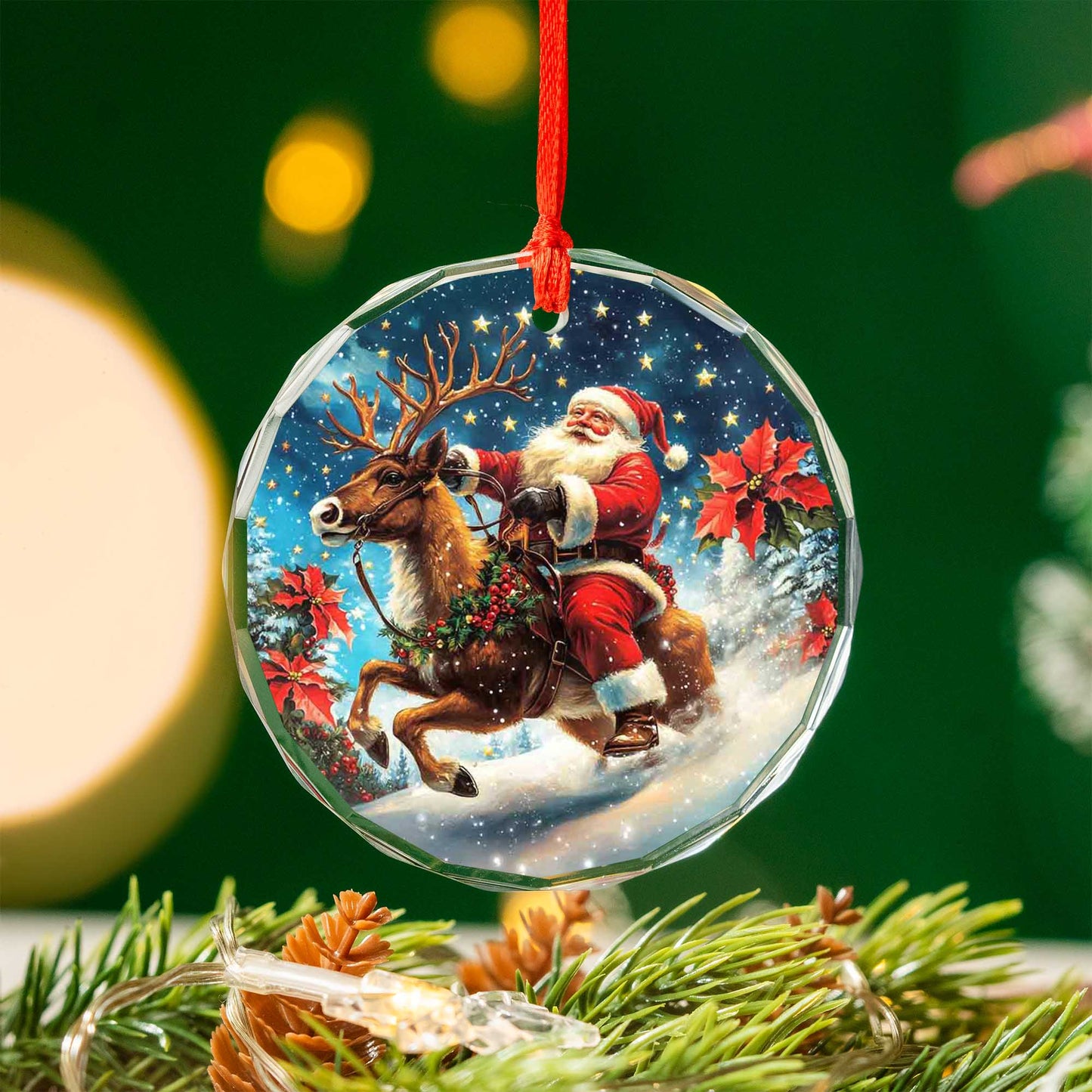 Netecom Santa Claus Riding Reindeer Glass Ornament – Christmas Tree Decoration, Holiday Keepsake Gift, 3 in