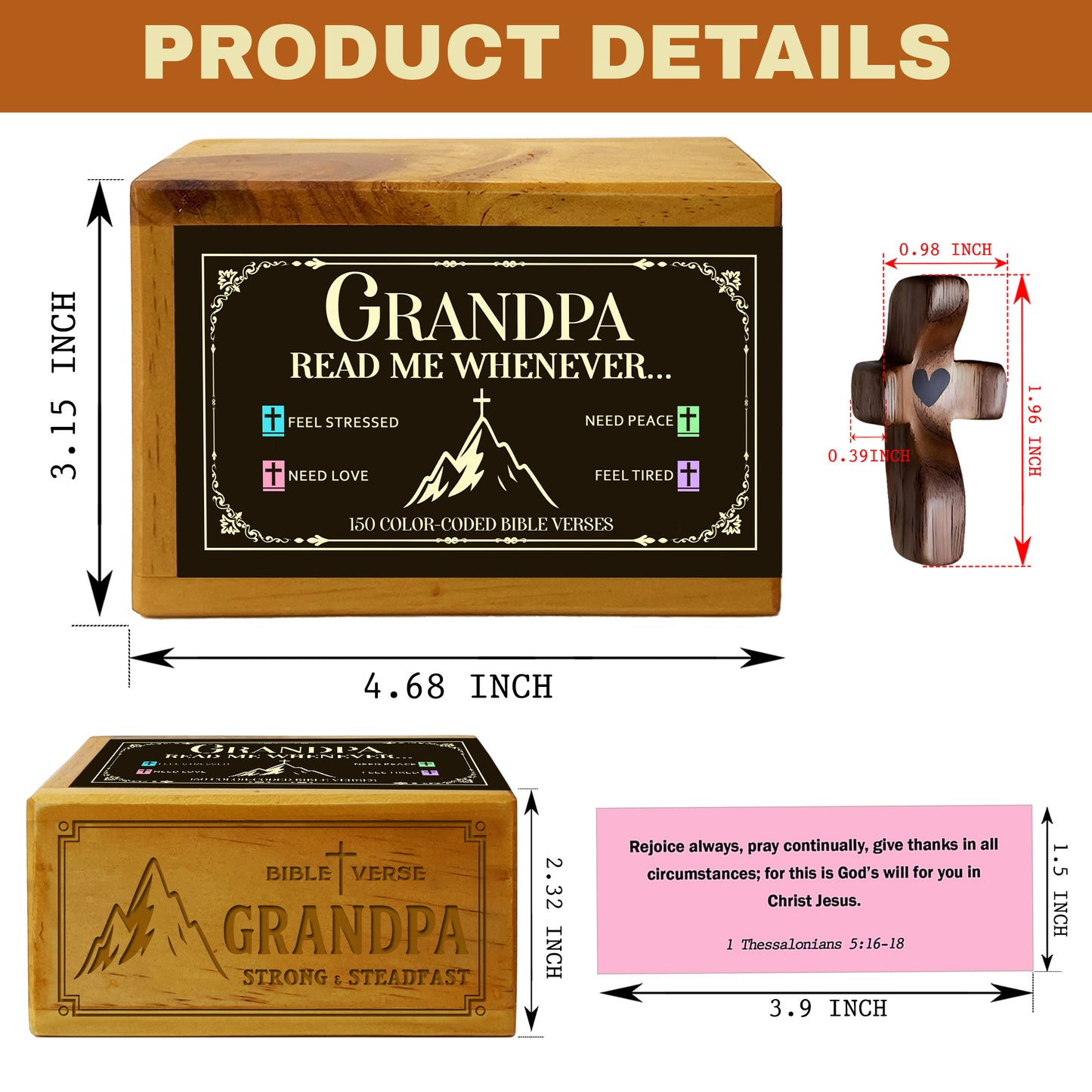 Grandpa Bible Verses Wooden Box with Walnut Cross – 150 Color-Coded Christian Scriptures for Peace, Love, Strength & Encouragement – Perfect Gift for Grandfather