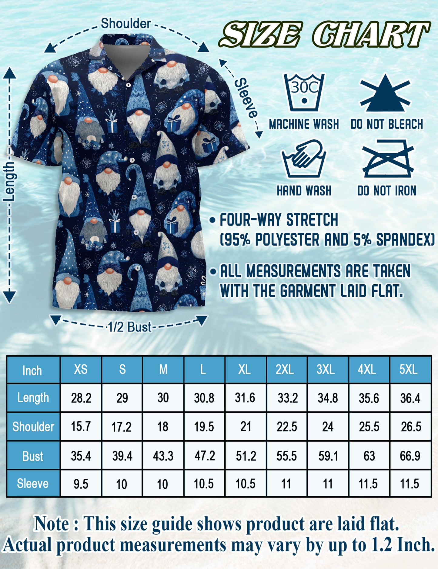 Netecom Blue Snow Gnomes Pattern Hawaiian Shirt for Men, Vintage Christmas Holiday Aloha Button Down Short Sleeve Shirt