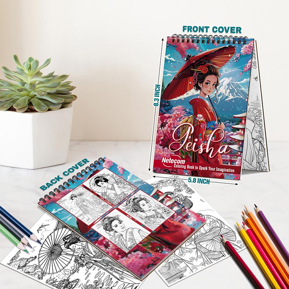 Netecom Geisha Coloring Book Spiral Bound for Adults, A5 Wooden Cover, 30 Elegant Coloring Pages of Traditional Japanese Beauty for Stress Relief and Relaxation
