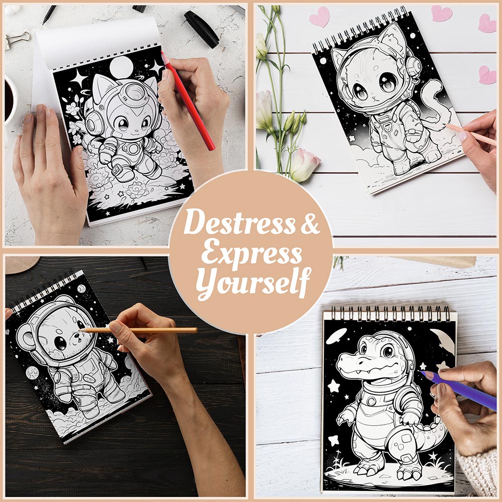 Animals In Space Coloring Book Spiral Bound For Adults