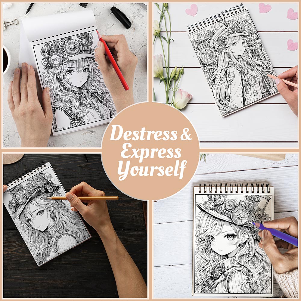 Steampunk Girls Coloring Book Spiral Bound For Adults