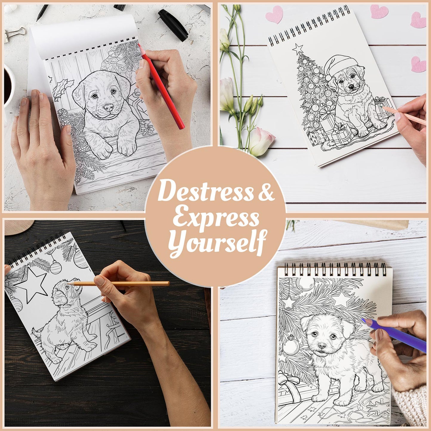 Netecom Christmas Puppies Coloring Book Spiral Bound For Adults