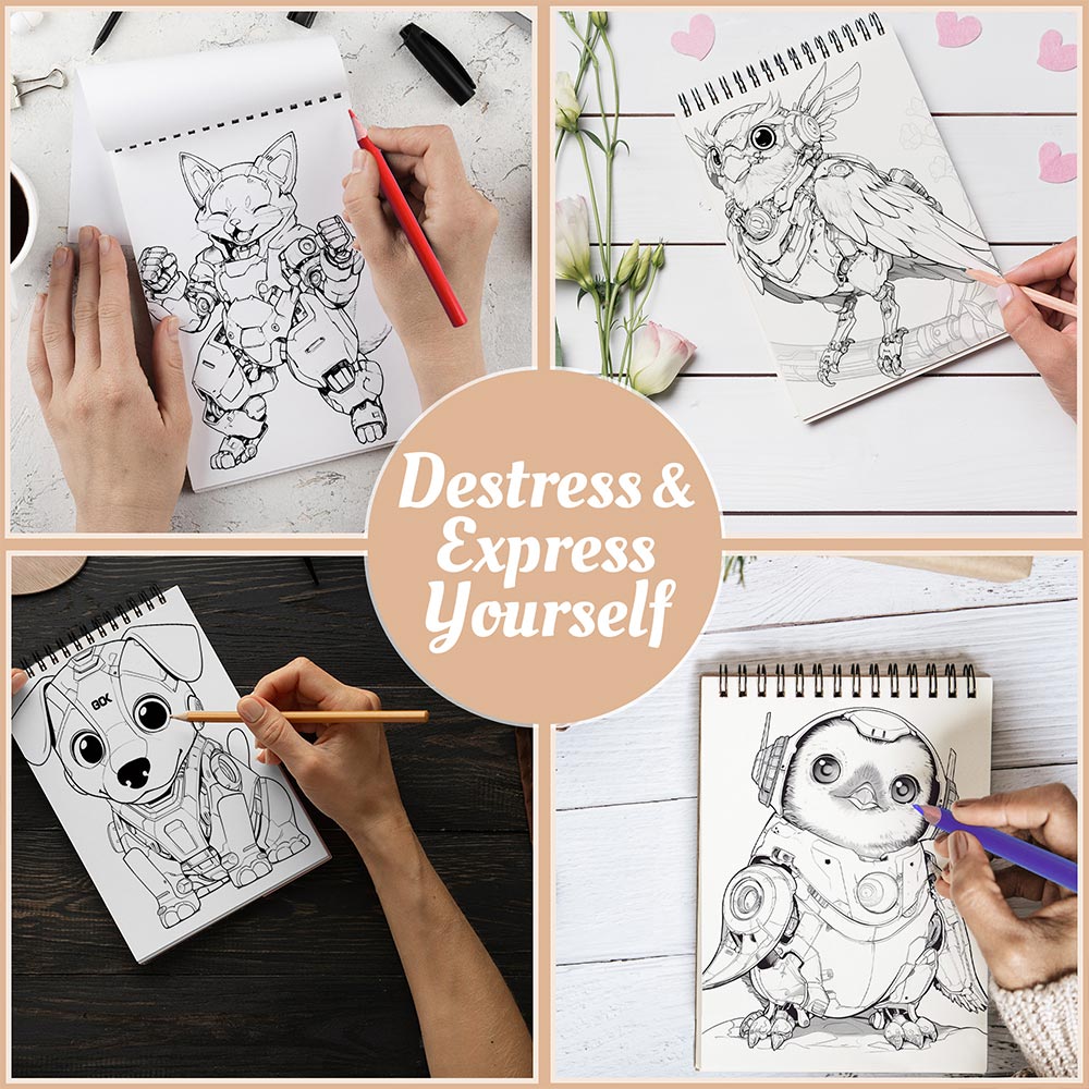 Netecom Cute Robot Animal Coloring Book Spiral Bound For Adults