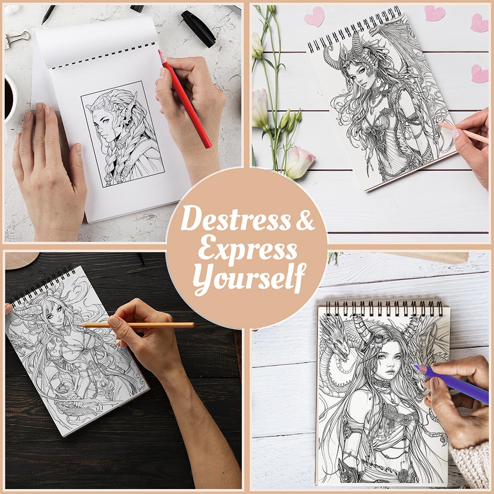 Netecom Dragon Girl Coloring Book Spiral Bound For Adults