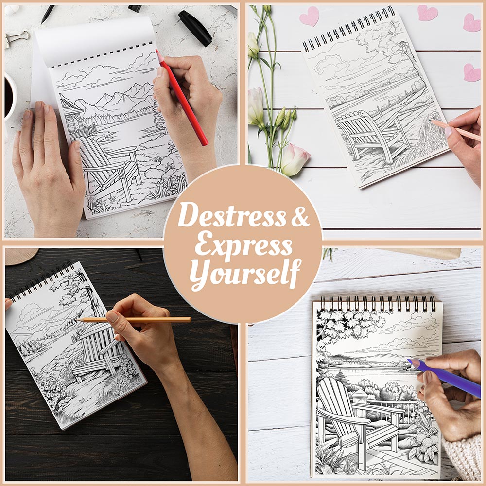 Netecom Relaxing Landscape Coloring Book Spiral Bound For Adults