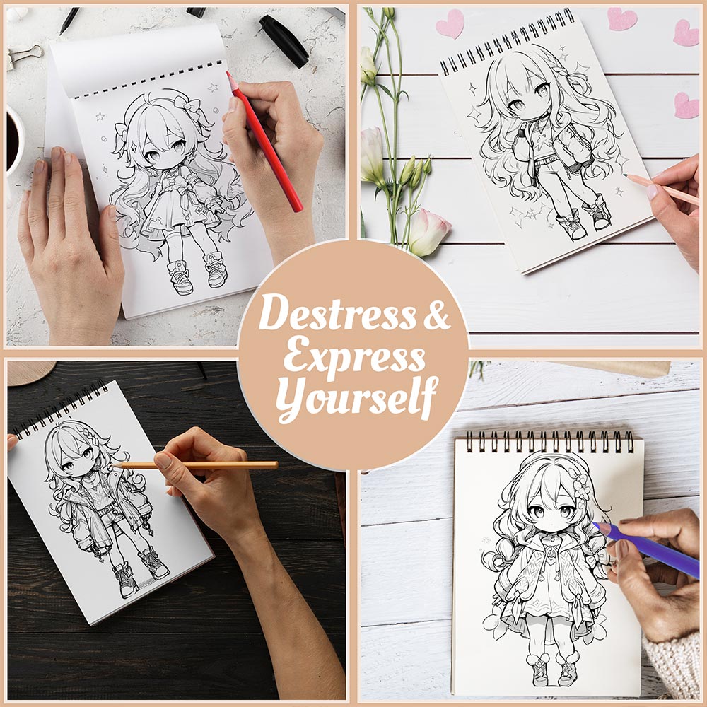 Netecom Chibi Anime Girls Coloring Book Spiral Bound For Adults