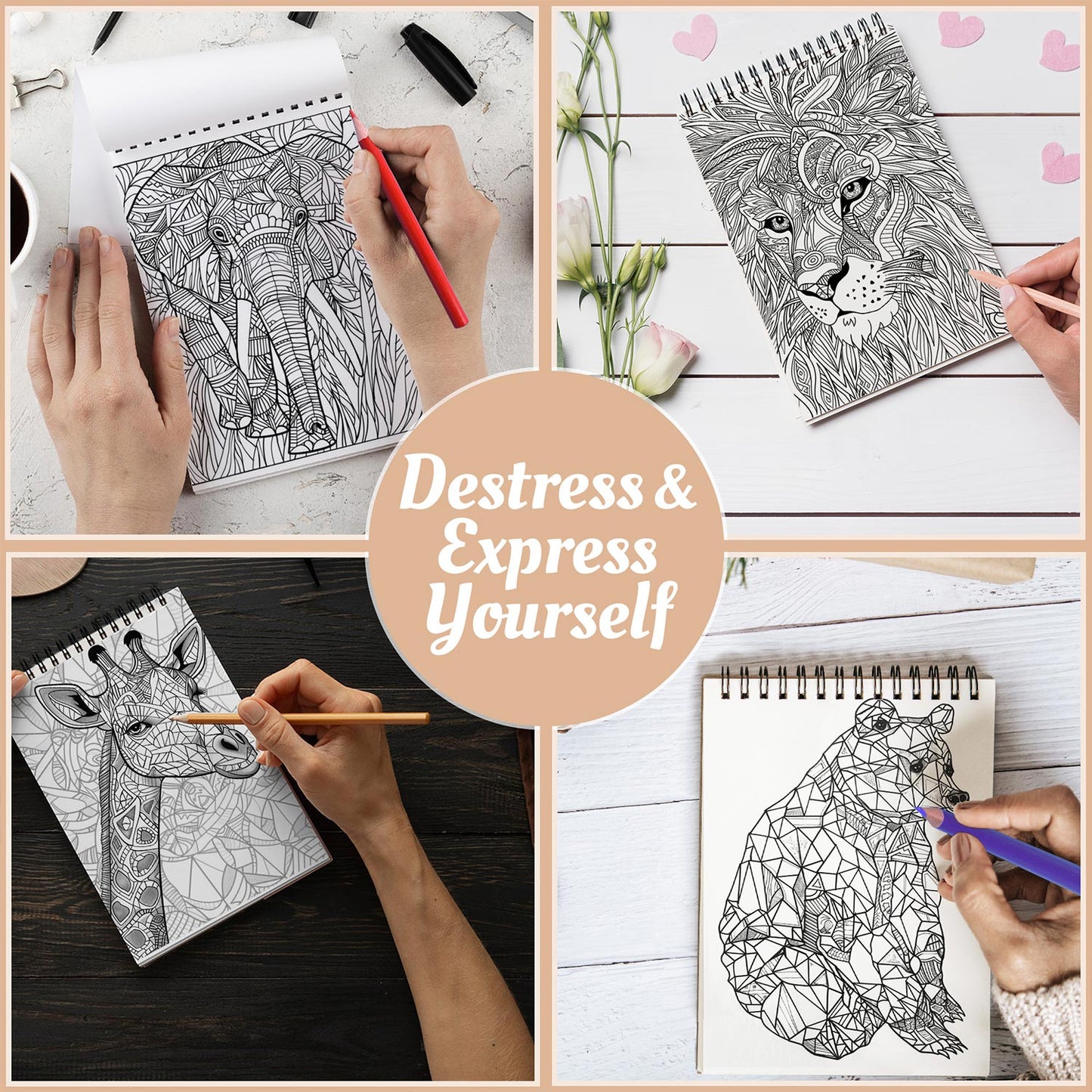 Netecom Mosaic Animals Coloring Book Spiral Bound For Adults