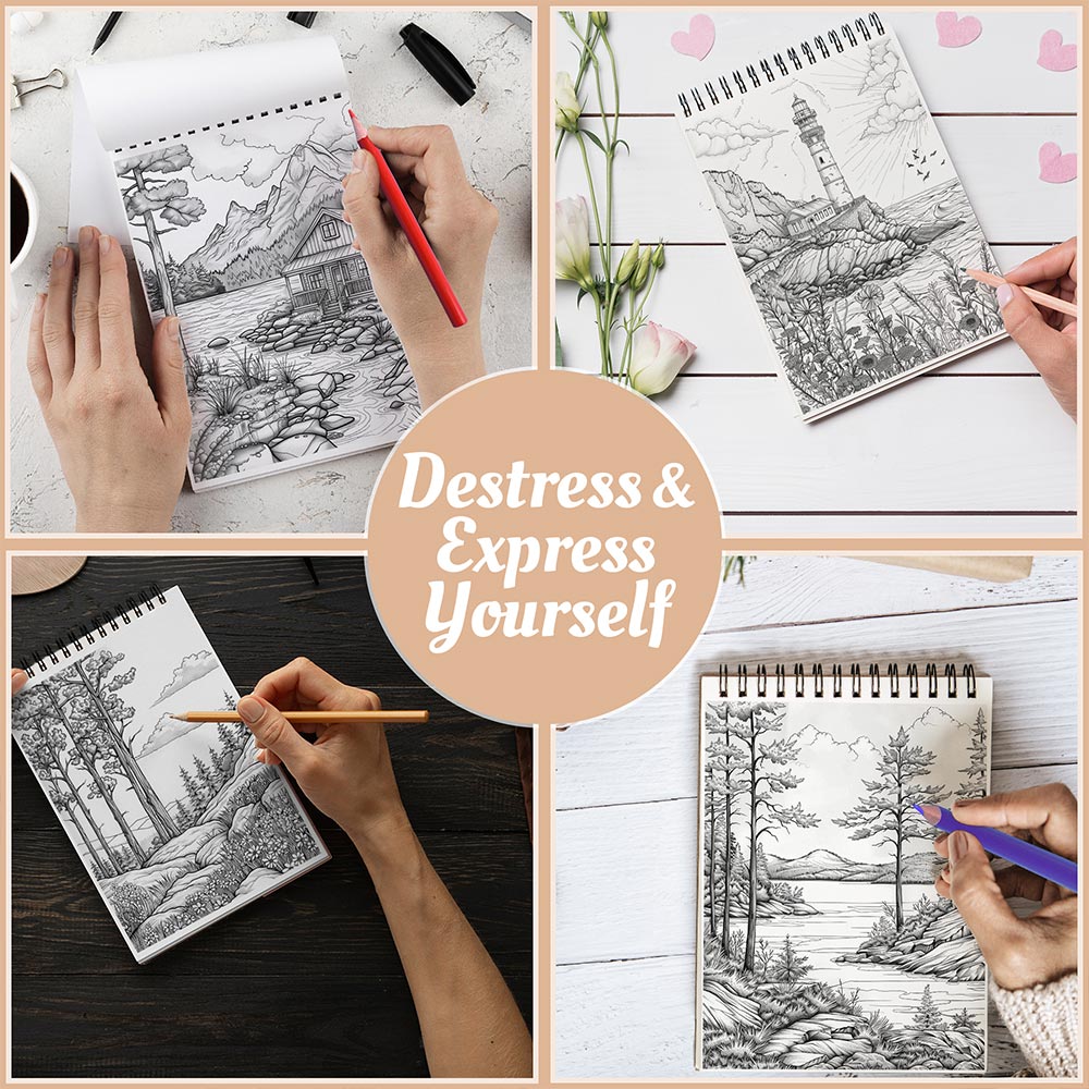 Netecom Relaxing Landscape Coloring Book Spiral Bound For Adults