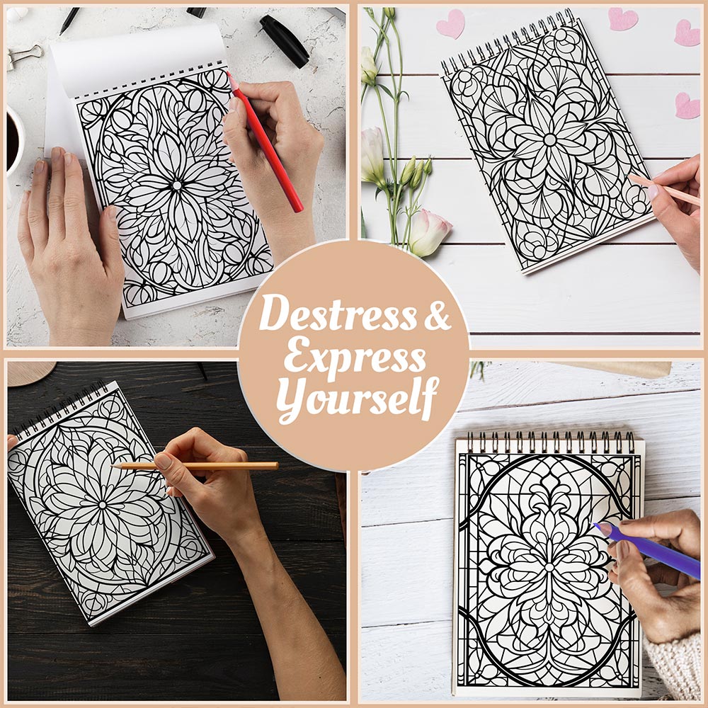 Netecom Stained Glass Pattern Coloring Book Spiral Bound For Adults
