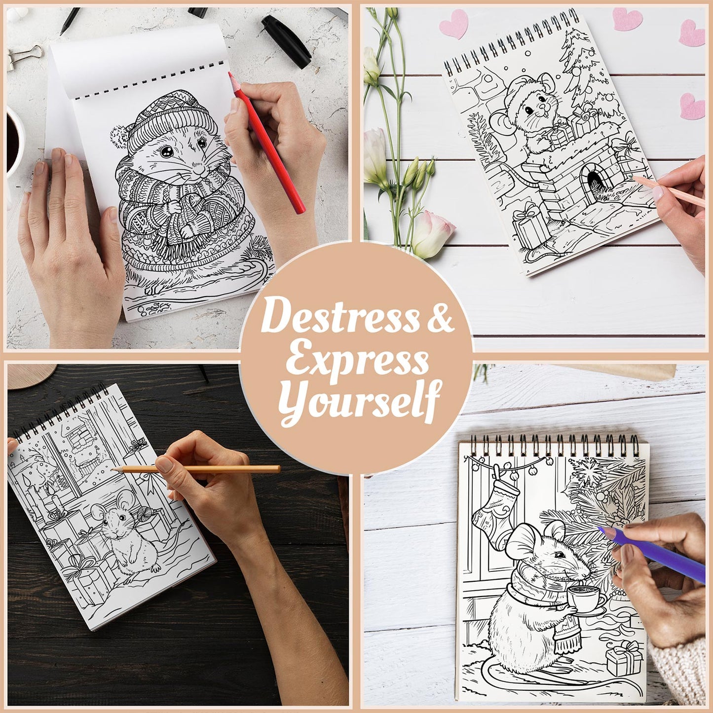 Netecom Christmas Mouse Coloring Book Spiral Bound For Adults