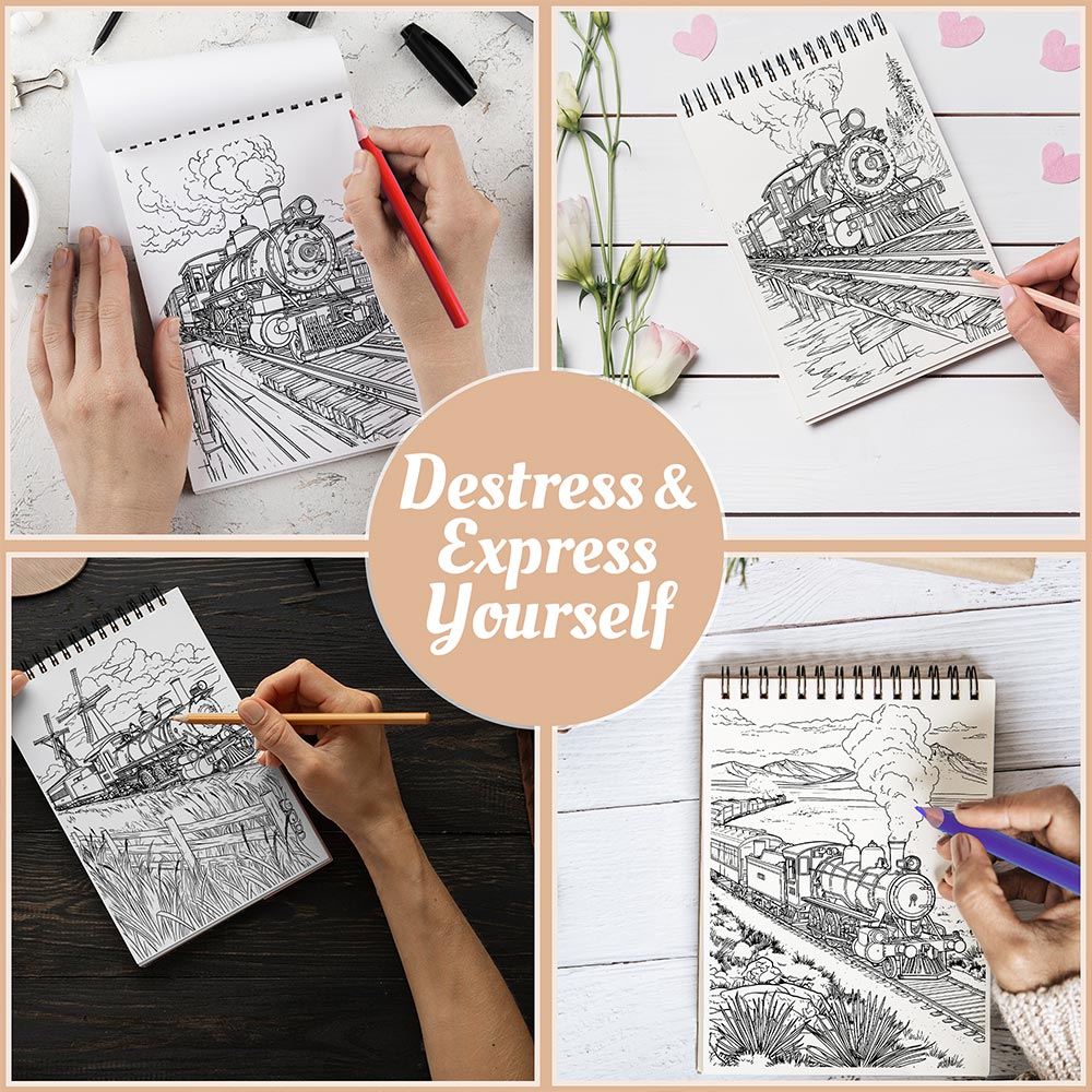 Netecom Train Coloring Book Spiral Bound For Adults