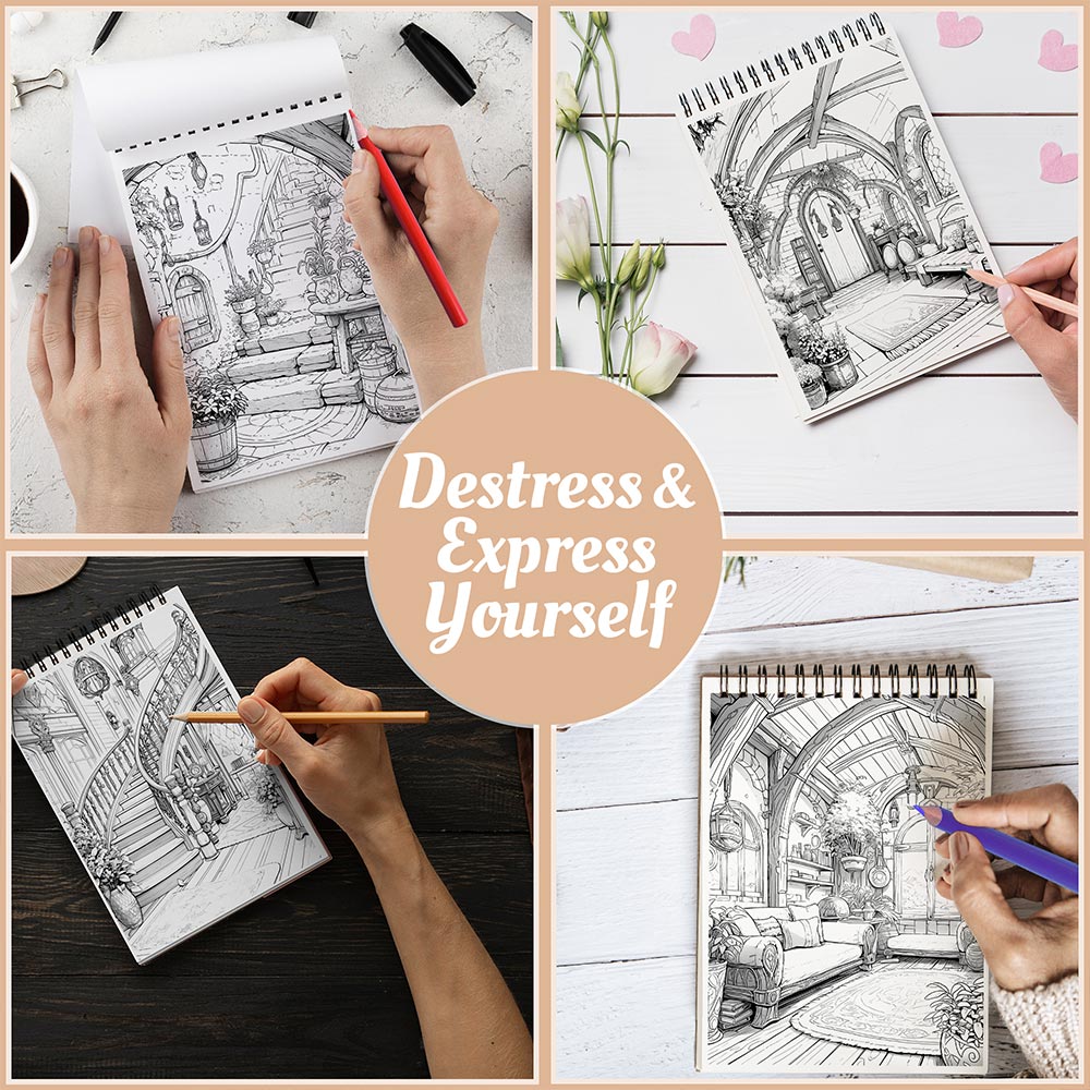 Netecom Fantasy Interiors Coloring Book Spiral Bound For Adults