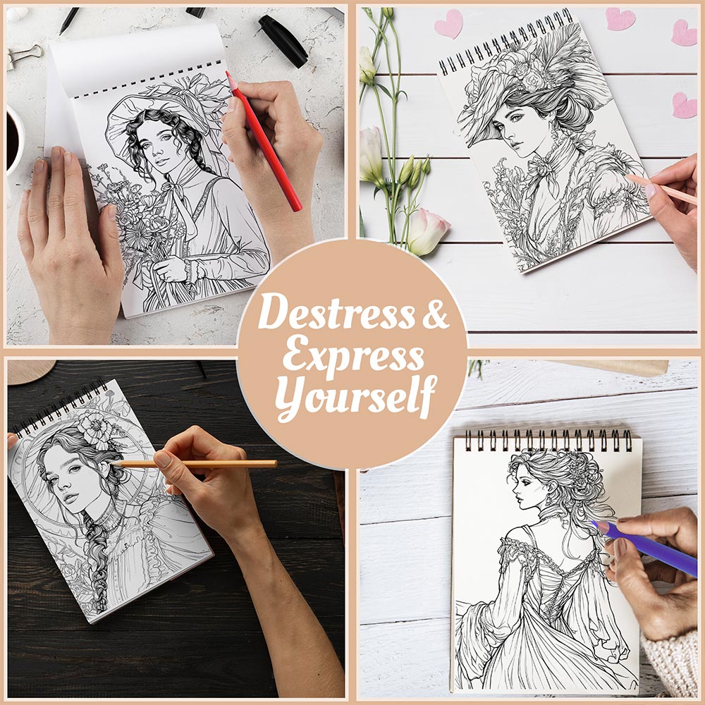 Netecom Regency Lady Portraits Coloring Book Spiral Bound For Adults