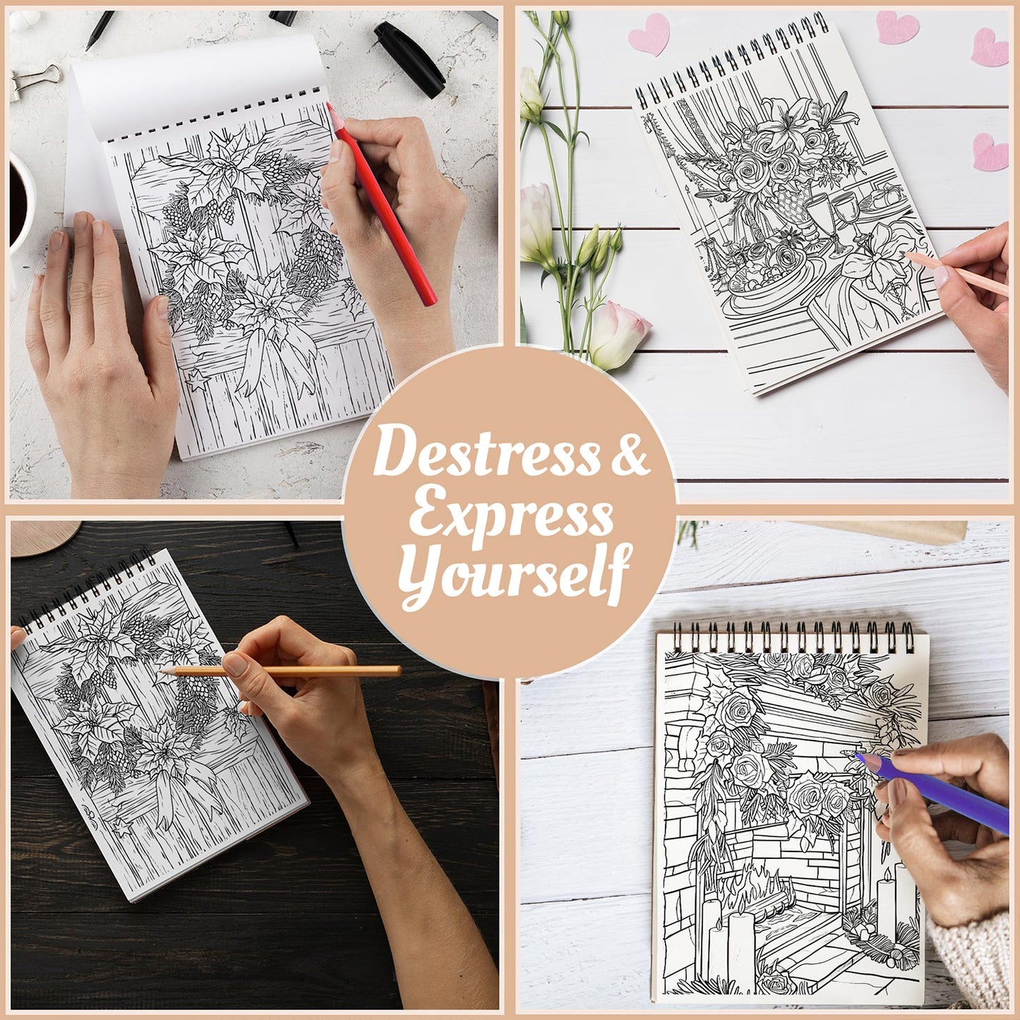 Netecom Christmas and Flowers Crafts Coloring Book Spiral Bound For Adults