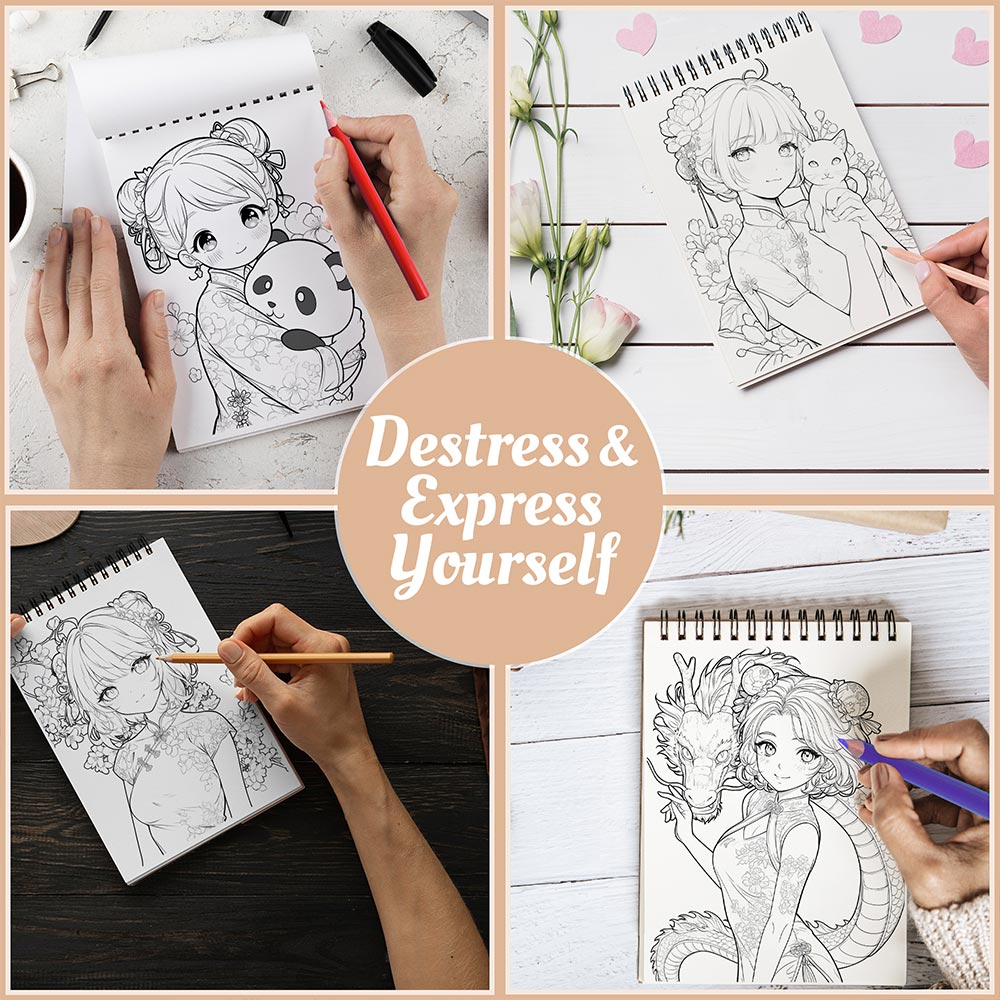 Netecom Kawaii Cheongsam Coloring Book Spiral Bound For Adults