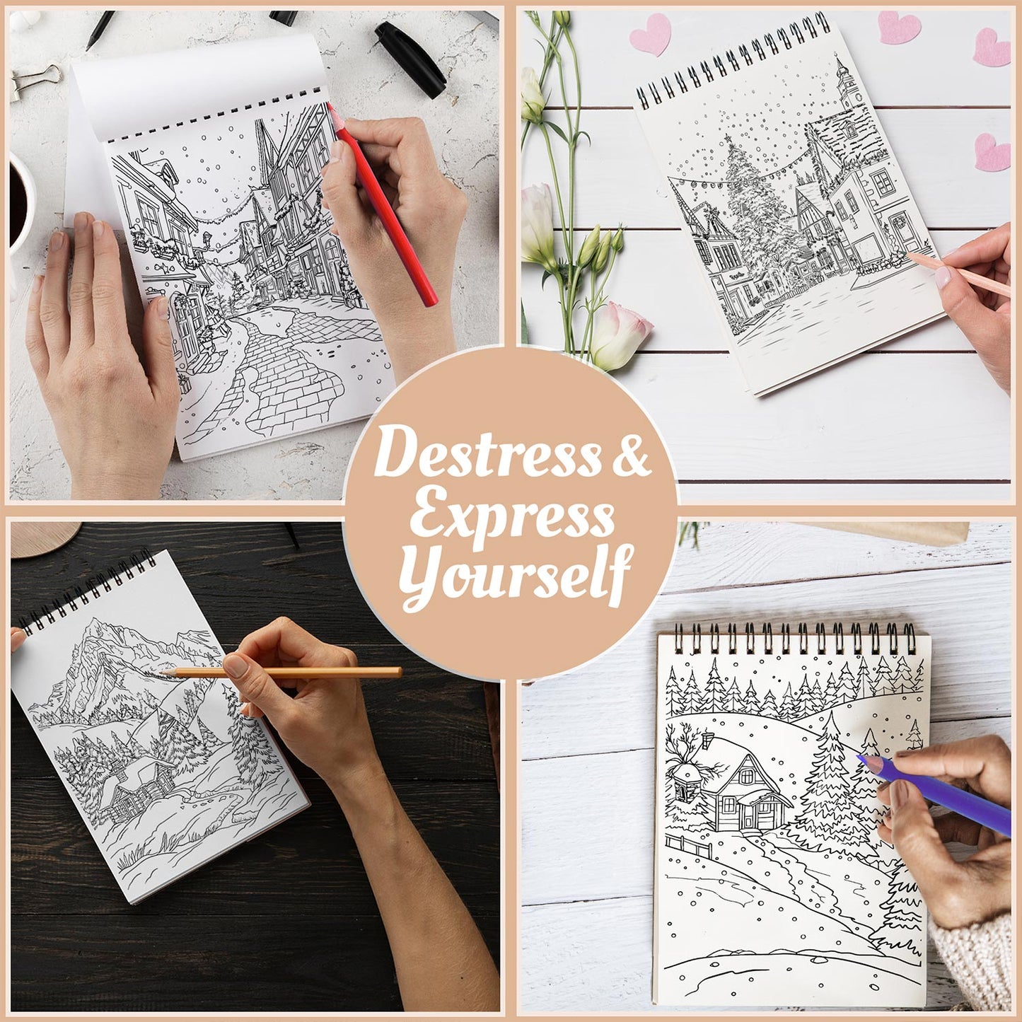 Netecom Christmas Landscape Coloring Book Spiral Bound For Adults
