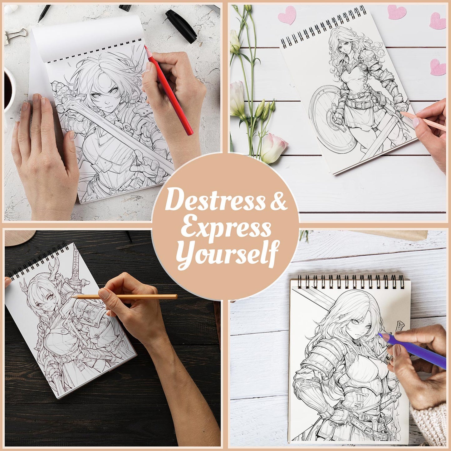 Netecom Anime Warrior Girl Coloring Book Spiral Bound For Adults