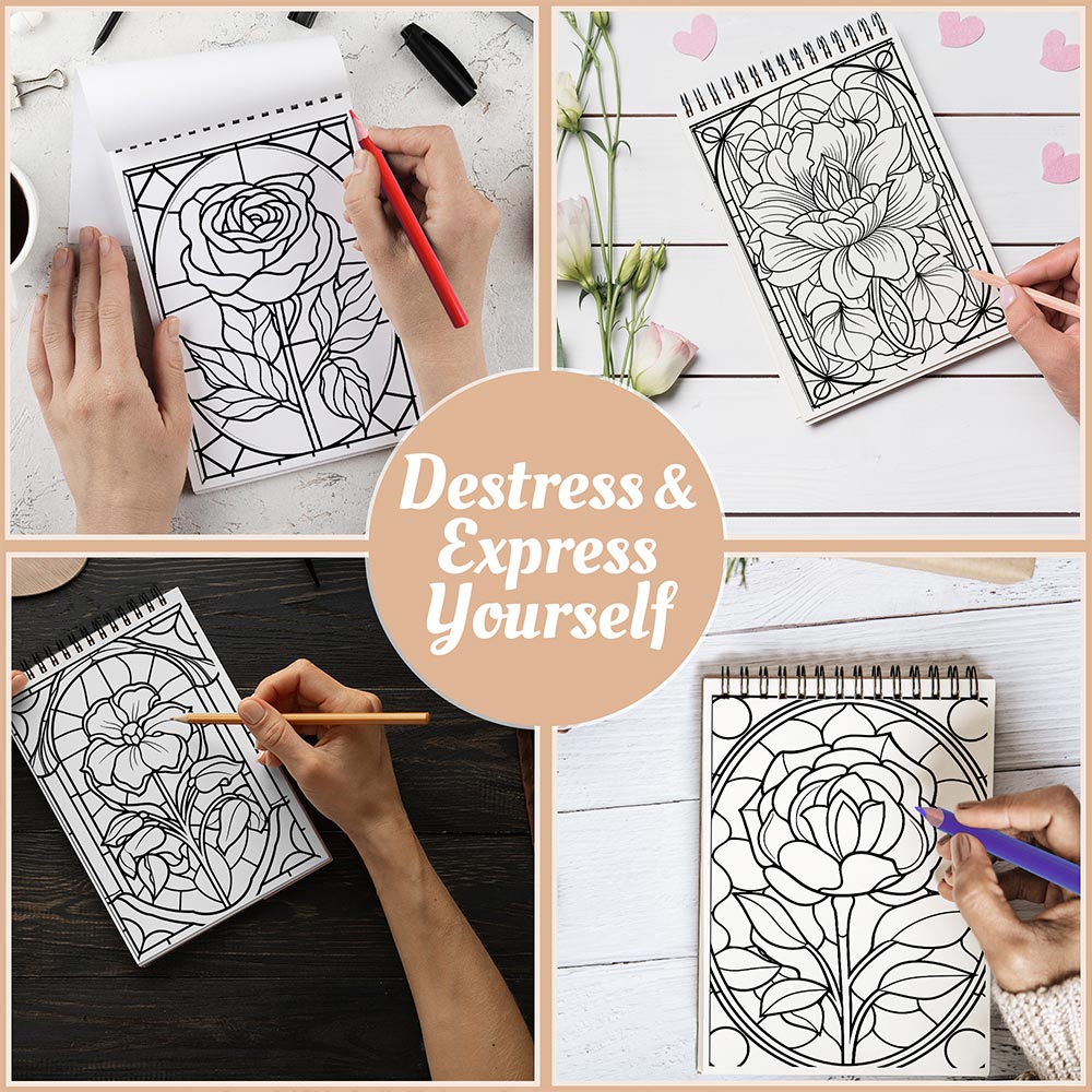 Netecom Flowers Stained Glass Coloring Book Spiral Bound For Adults