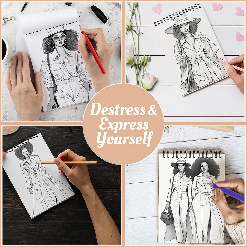 Fashion Black Women Coloring Book Spiral Bound For Adults