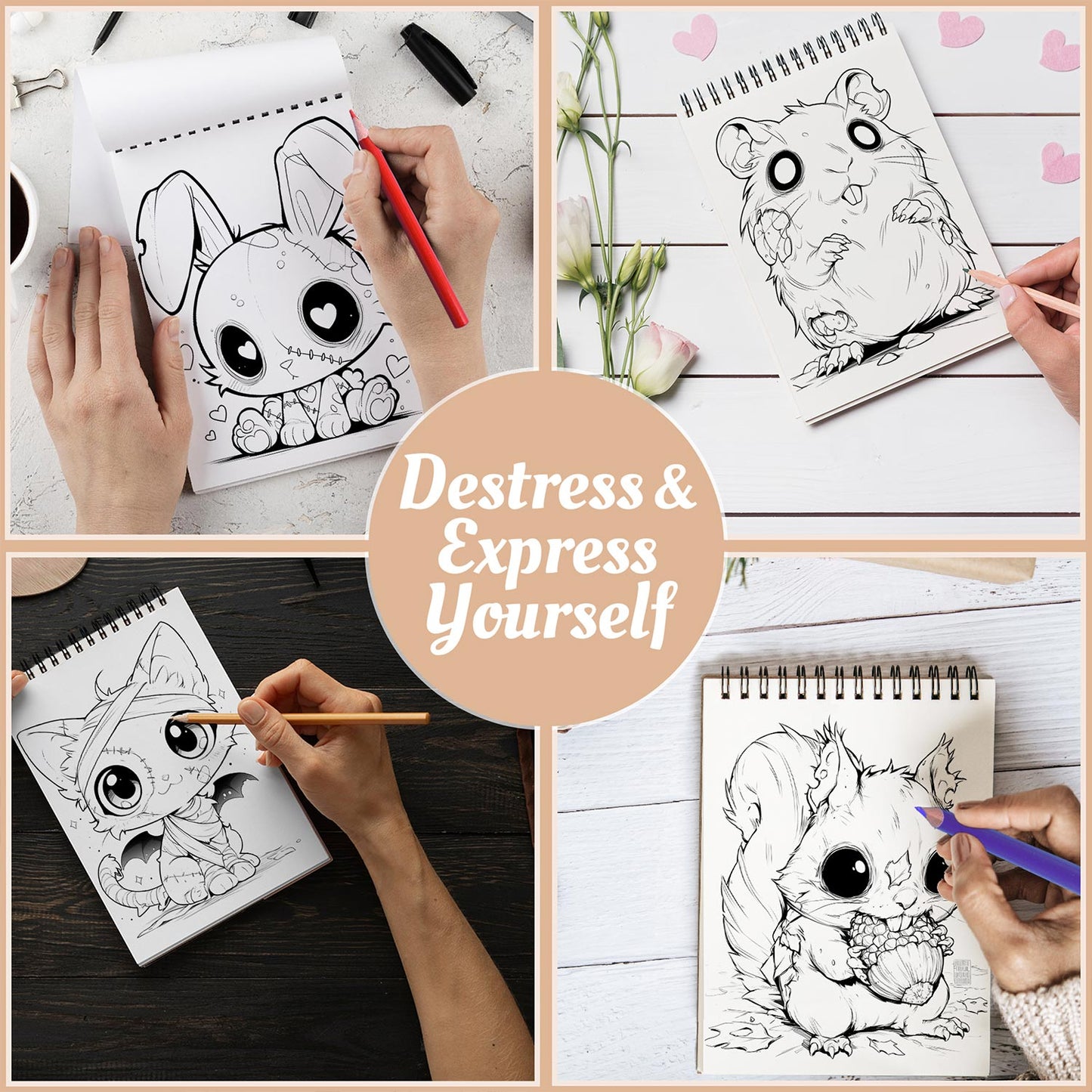 Netecom Kawaii Zombie Animals Coloring Book Spiral Bound For Adults