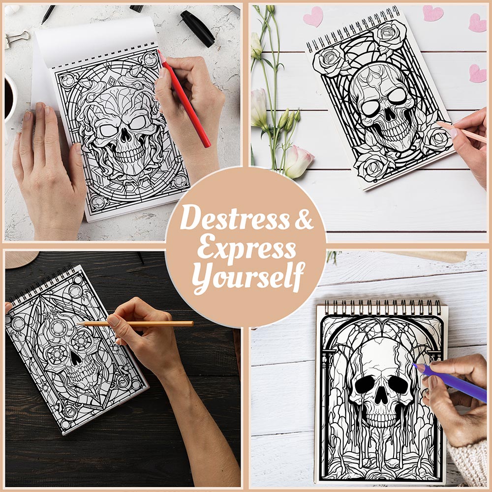 Skull Stained Glass Coloring Book Spiral Bound For Adults