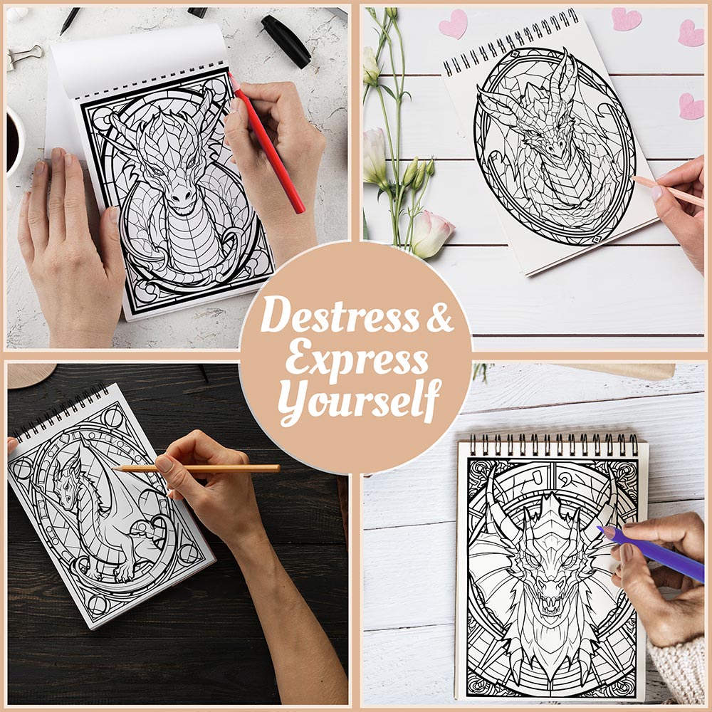 Netecom Dragon Stained Glass Coloring Book Spiral Bound For Adults