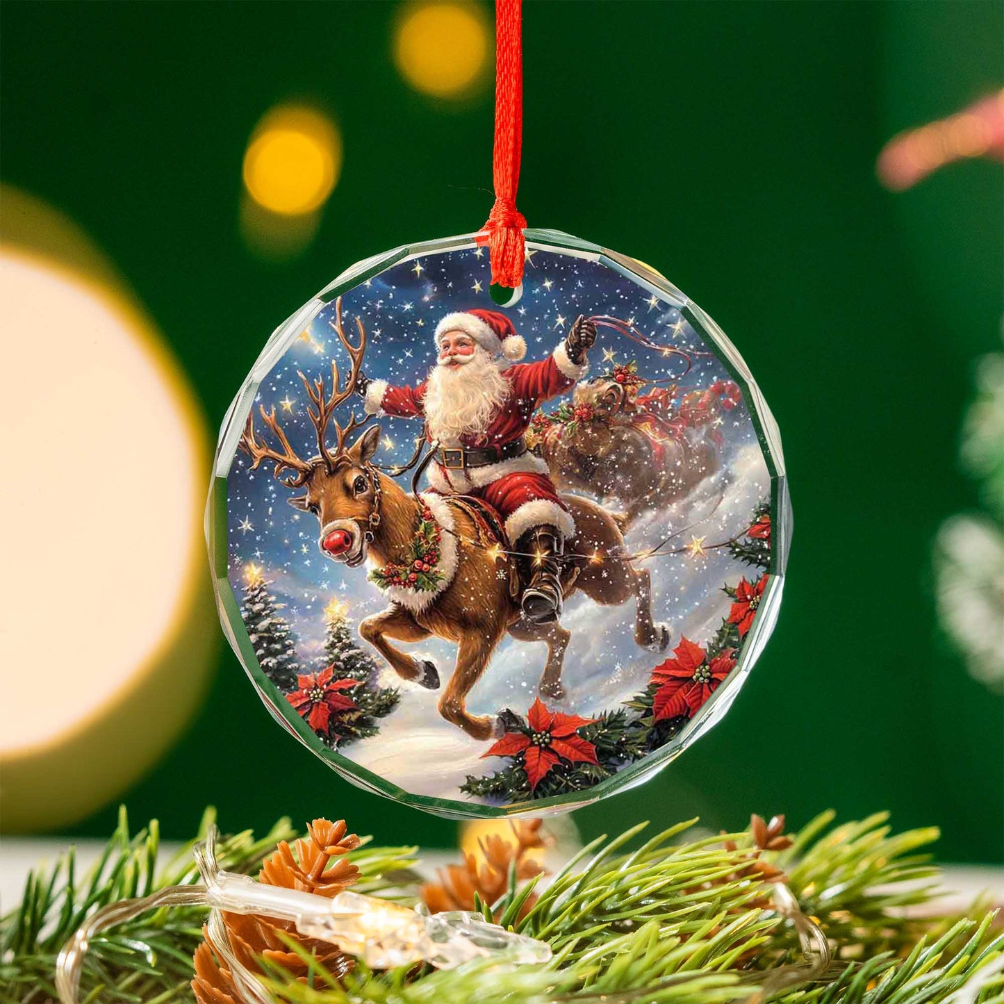 Netecom Santa Claus Riding Reindeer with Sleigh Glass Ornament – Christmas Tree Decoration, Holiday Keepsake Gift, 3 in