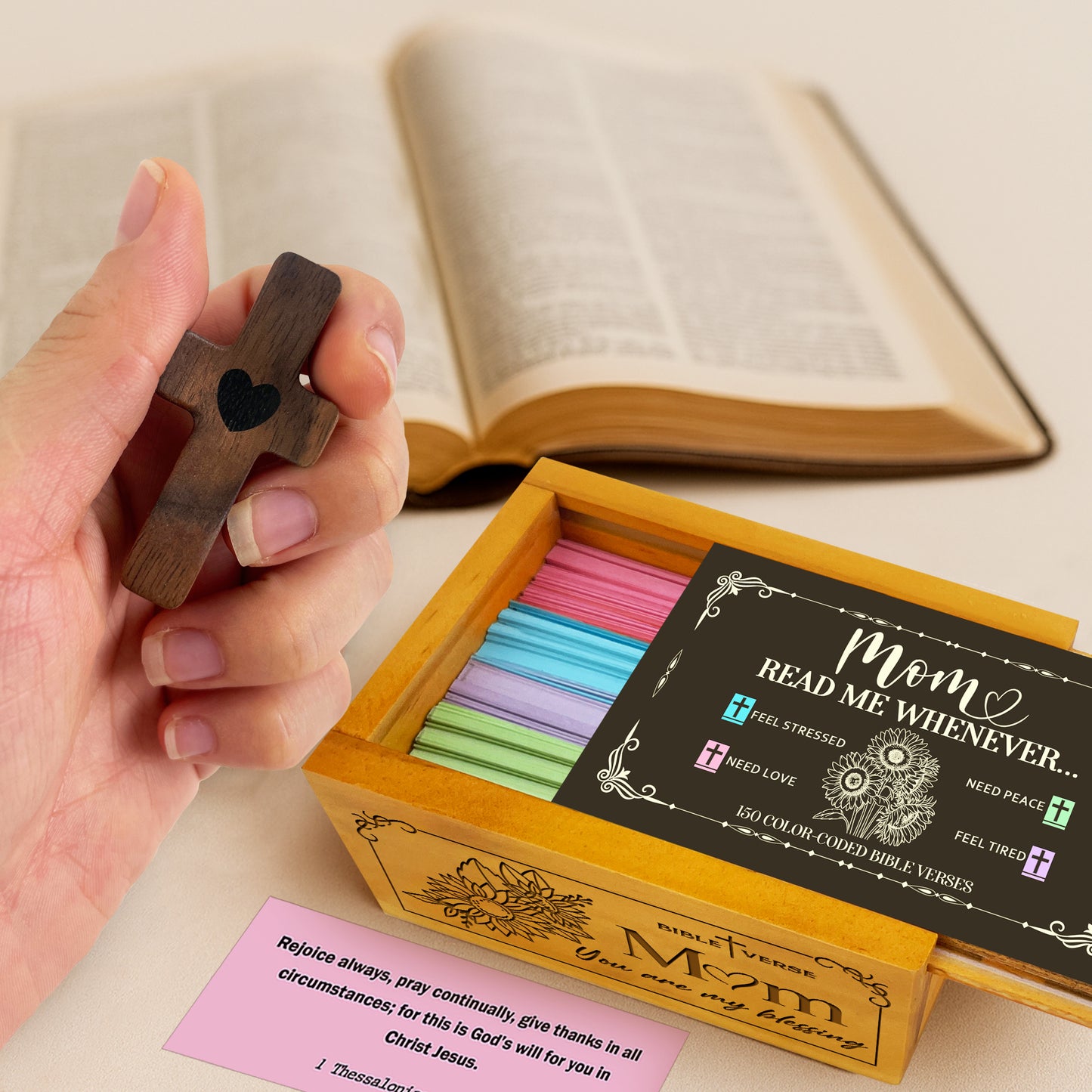 Mom Bible Verses Wooden Box with Walnut Cross – 150 Color-Coded Christian Scriptures for Peace, Love, Strength & Encouragement – Perfect Gift for Mothers