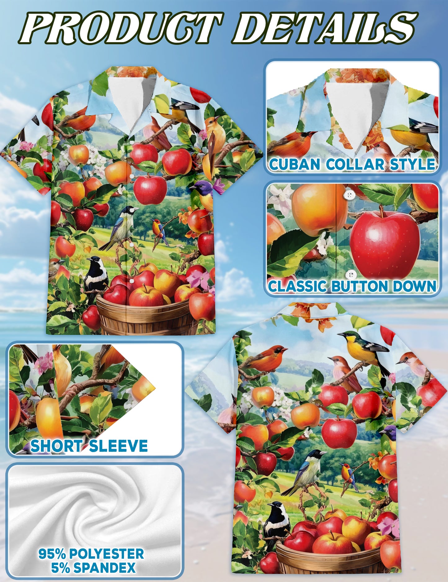 Netecom Apple Fruits and Birds Hawaiian Shirt, Fruits Lover Gifts, Tropical Animal Button Down Summer Beach Shirts