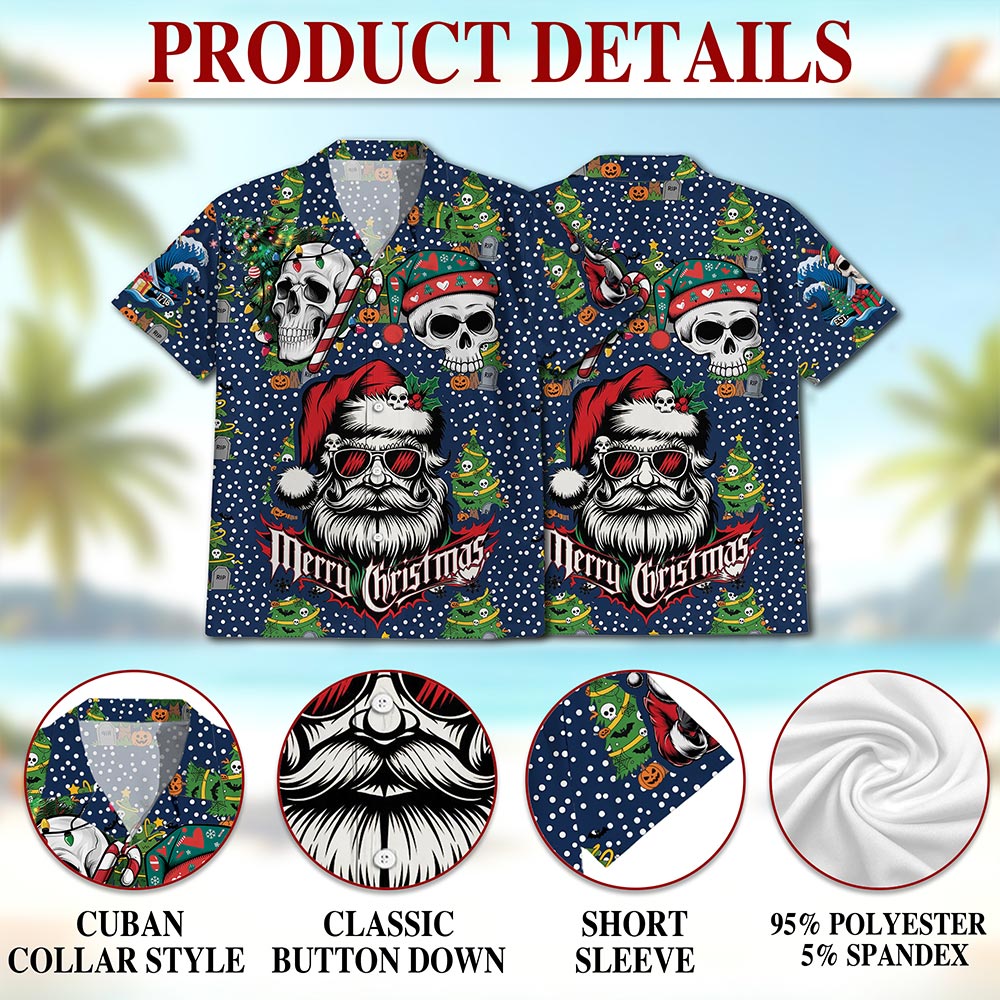 Netecom Santa Skull Christmas Hawaiian Shirt for Men Women, Gothic Skeleton Santa Button Down Summer Beach Shirts, S-5XL
